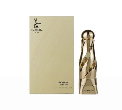 Gold perfume bottle and packaging with 'La-Di-Da' branding on a white background
