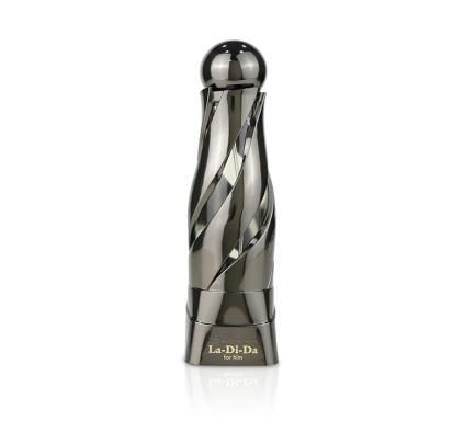Silver and black perfume bottle with 'La Di Da' branding on a white background
