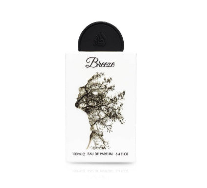 Perfume bottle labeled 'Breeze' with a black cap on a white background