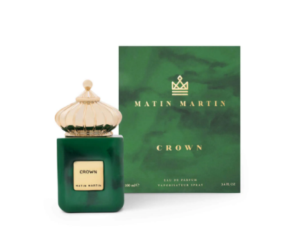 A green bottle of Crown EDP 100ml by Matin Martin with a gold-colored cap and label, indicating a luxury fragrance.