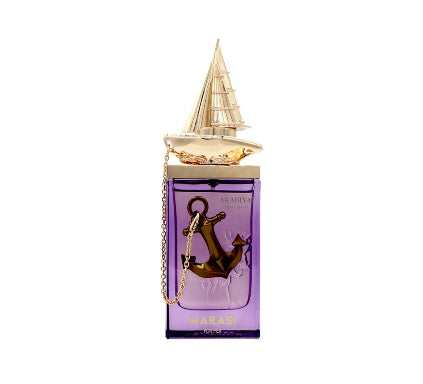 A purple glass perfume bottle with a gold sailboat cap and an anchor charm, labeled 'Arabian Nights' and 'Karshi', on a plain white background.