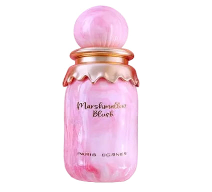 Pink perfume bottle with 'Marshmallow Blush' and 'Paris Corner' text on a light gray background