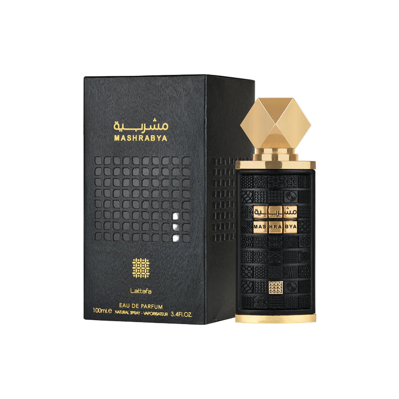 Mashrabya perfume bottle and packaging on a white background