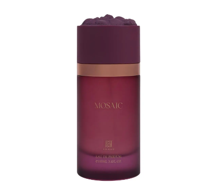 Purple perfume bottle with 'Mosaic' branding on a white background