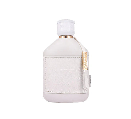White and gold perfume bottle with leather case on a white background