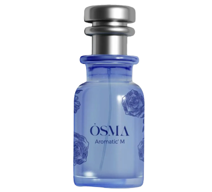 Blue perfume bottle with silver cap labeled 'Osmia Aromatic M' on a light gray background