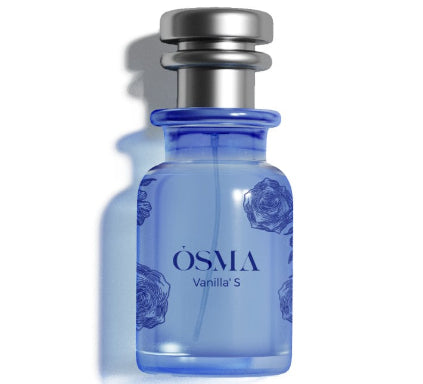 Blue perfume bottle with silver cap on a white background