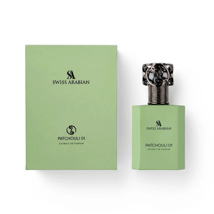 Swiss Arabian Patchouli 01 Extrait de Parfum shown with its light green packaging box and matching rectangular perfume bottle, featuring a dark metallic cap, on a clean white background.