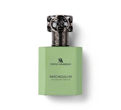Swiss Arabian Patchouli 01 Extrait de Parfum bottle in a light green rectangular shape with a textured metallic silver neck and a black-and-silver patterned cap, shown on a white background.