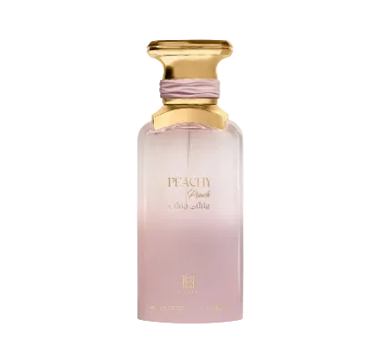 Perfume bottle labeled 'Peachy Peach' with a gold cap on a white background