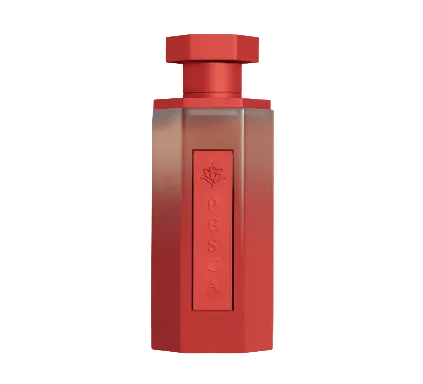 Red perfume bottle with 'PESCA' branding on a white background