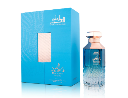 Blue perfume bottle and packaging with intricate design on a white background