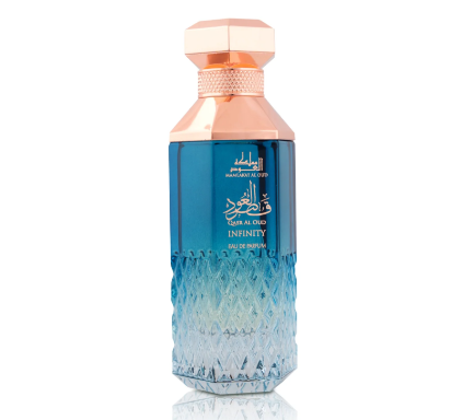 Perfume bottle with blue gradient design and rose gold cap on a white background