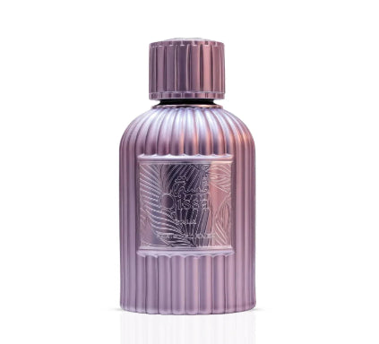 Perfume bottle with decorative label on a white background