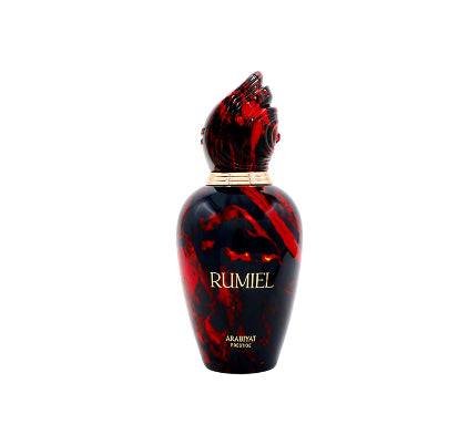 Perfume bottle with red and black design on a white background