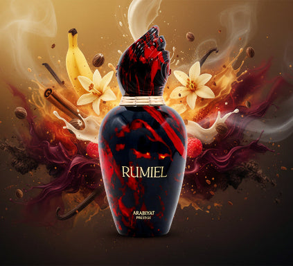 Perfume bottle with red and black design on a white background