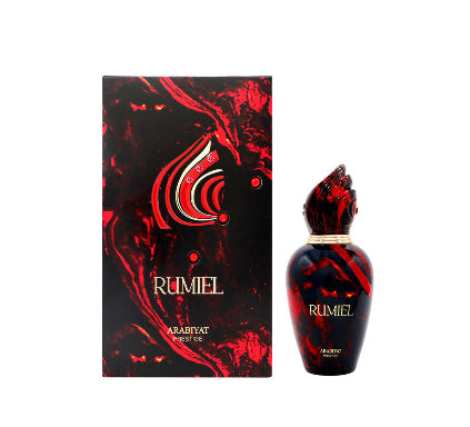 Rumiel perfume bottle and packaging with red and black design on a white background