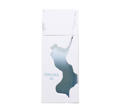 A white rectangular perfume bottle with a cutout window showing a blue gradient liquid inside, labeled 'RAVINE ICE'.