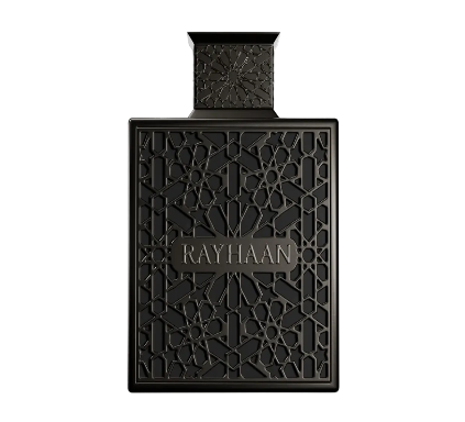 Black perfume bottle with intricate design and 'RAYHAAN' branding on a white background
