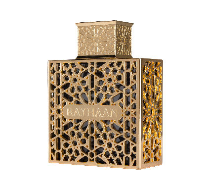 Decorative gold bottle with intricate patterns and 'RAYHAN' branding on a white background