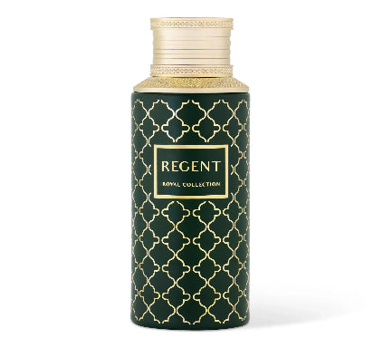 Green bottle with gold pattern and 'Regent Royal Collection' text on a white background