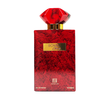 Red perfume bottle with a gold cap on a light gray background