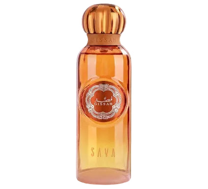 A tall, amber-colored glass perfume bottle with a metallic copper-toned cap, featuring a circular label that reads 'Sava' and 'The Scent of Ylang Ylang'.