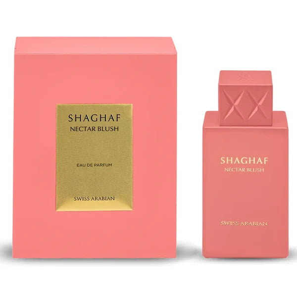 Swiss Arabian Shaghaf Nectar Blush Eau de Parfum shown with its coral pink box and matching perfume bottle on a white background.