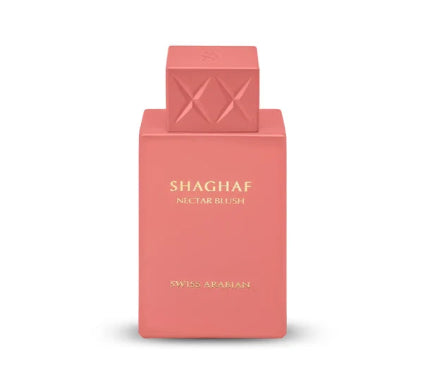 Swiss Arabian Shaghaf Nectar Blush perfume bottle in a matte coral pink color with gold lettering, set against a plain white background.