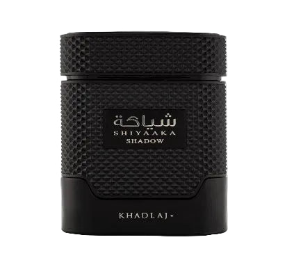 Black perfume bottle with 'Shiyaaka Shadow' and 'Khadlaj' branding on a white background