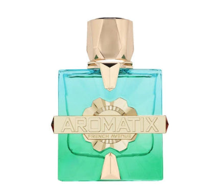 Perfume bottle with gold cap and 'Aromatix' branding on a white background