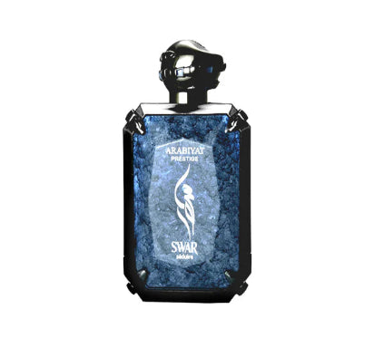 Perfume bottle with blue and black design on a white background