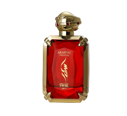 Red and gold perfume bottle with 'Arabiyat Prestige' branding on a white background