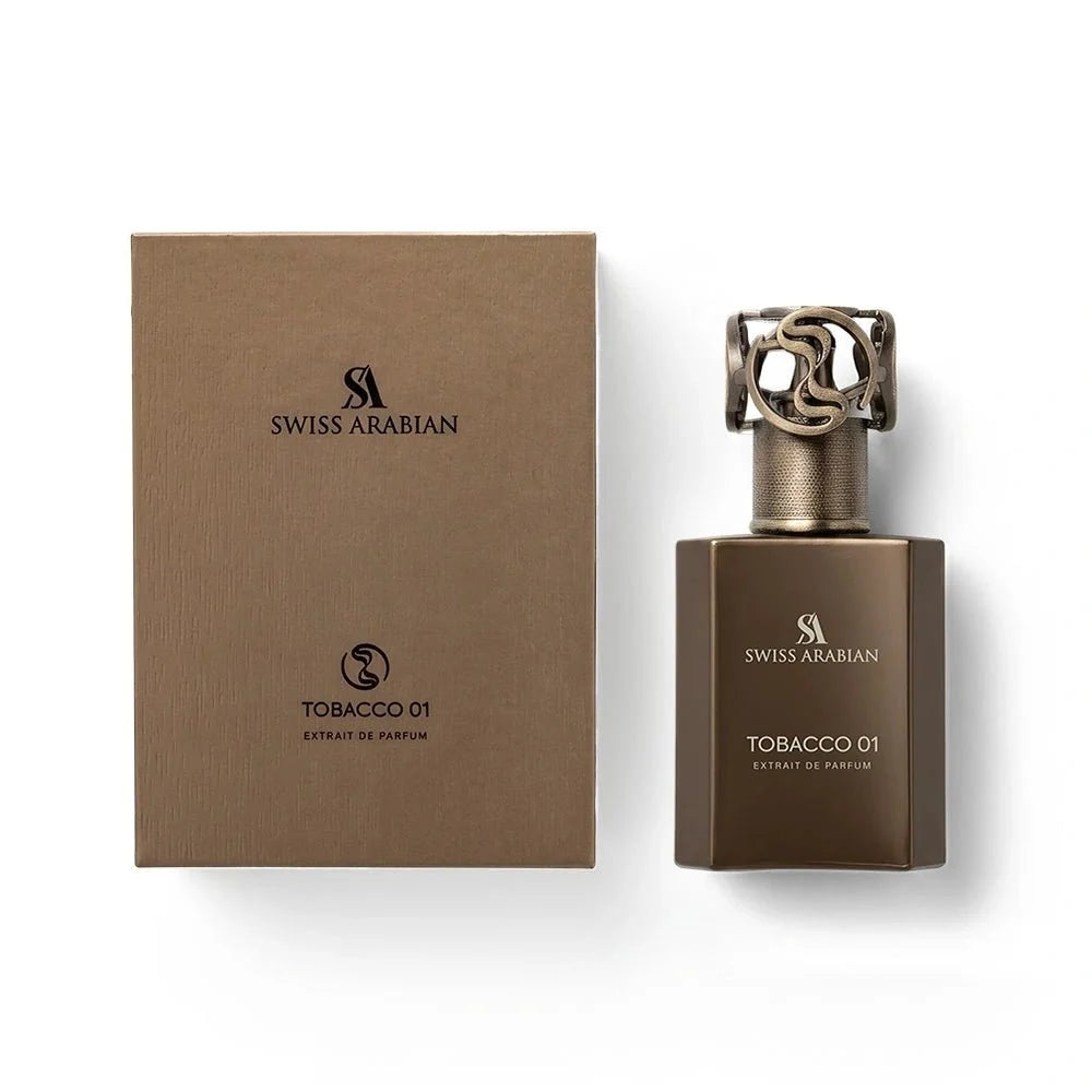 Swiss Arabian Tobacco 01 Extrait de Parfum bottle next to its brown cardboard packaging box on a white background.