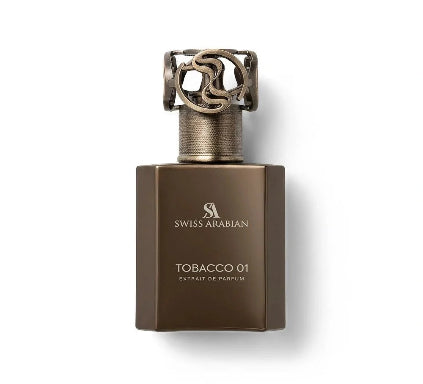 Swiss Arabian Tobacco 01 Extrait de Parfum bottle in a dark brown rectangular glass bottle with a textured metallic cap, shown on a white background with a soft shadow.