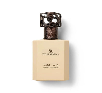 Swiss Arabian Vanilla 01 Extrait de Parfum bottle in a warm cream color with a dark metallic cap, shown on a white background with a soft shadow.