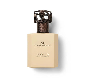 Swiss Arabian Vanilla 01 Extrait de Parfum bottle in a warm cream color with a dark metallic cap, shown on a white background with a soft shadow.