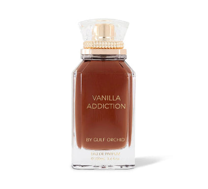 Perfume bottle labeled 'Vanilla Addiction by Gulf Orchid' on a white background