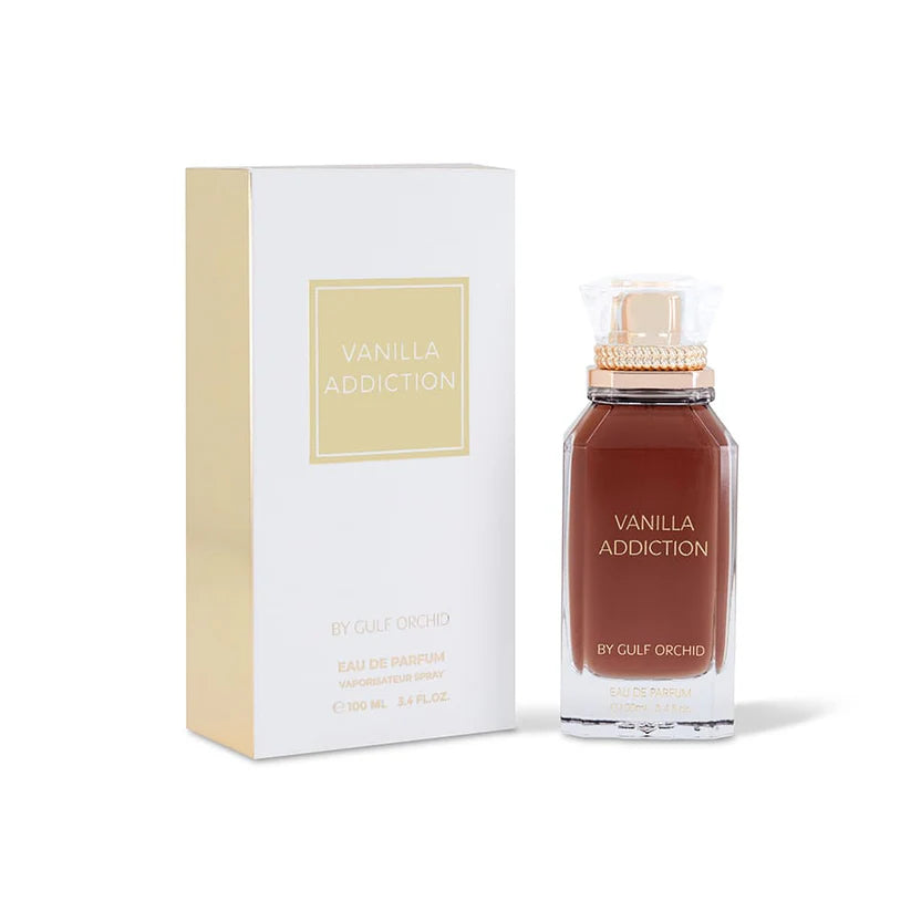 Vanilla Addiction perfume bottle and packaging on a white background