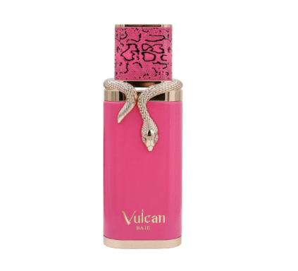 Vulcan Balle Eau de Toilette perfume bottle by Cartier, featuring a vibrant pink body with a silver-tone coiled snake detail and a patterned pink cap, set against a plain white background.