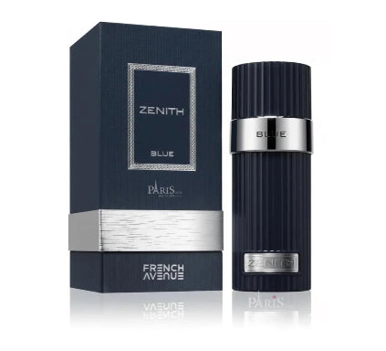 Zenith Blue fragrance bottle and its matching dark blue box with silver accents, labeled French Avenue, on a white background.