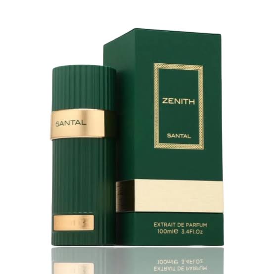 Zenth Santal perfume bottle and packaging on a reflective surface
