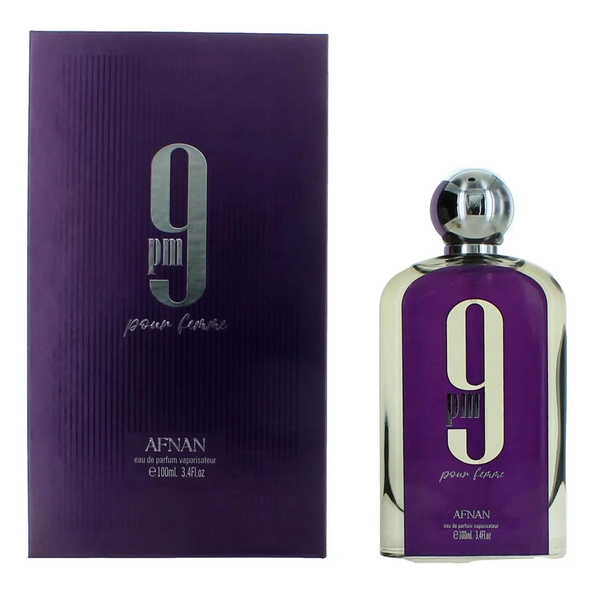 Purple perfume bottle and packaging with '9' and 'Afnan' branding on a white background