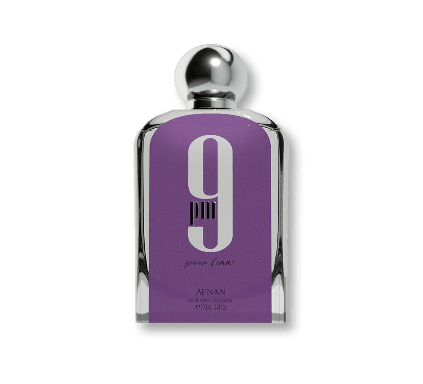 A bottle of AFNAN 9 pm perfume with a purple label and a silver metallic cap, set against a plain white background.