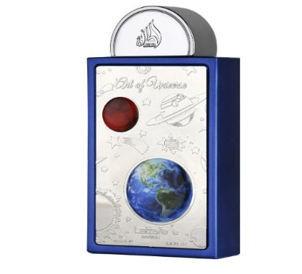 Cosmic-themed product packaging with Earth and space design on a white background