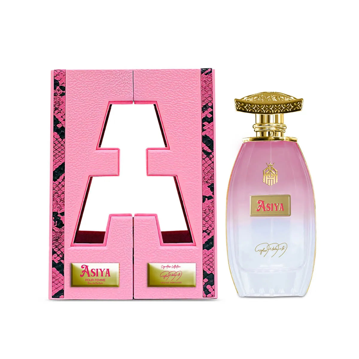 Perfume bottle and packaging with 'Asiya' branding on a white background