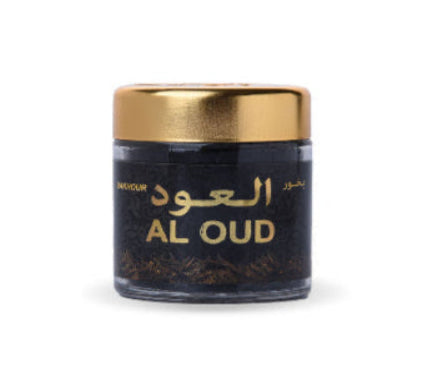 Black container with gold lid labeled 'AL OUD' on a white background