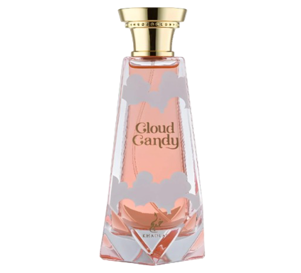 Perfume bottle labeled 'Cloud Candy' with a gold cap on a white background