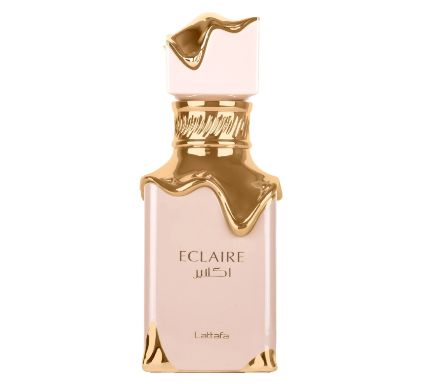 Perfume bottle with gold cap and 'Eclaire' branding on a white background