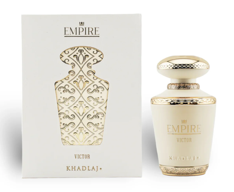 Perfume bottle and packaging with 'EMPIRE' branding on a white background